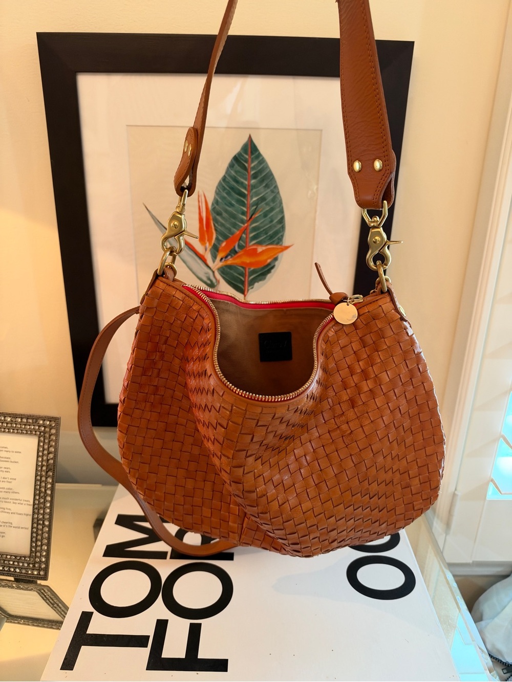 Clare V Moyan Messenger Woven Crossbody Bag in Cognac Brown with Gold Hardware - Picture 12 of 14